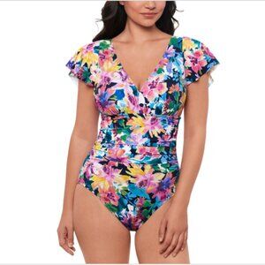 Swim Solutions Garden Dreams Flutter-Sleeve One-Piece Swimsuit Size 16 - 7964